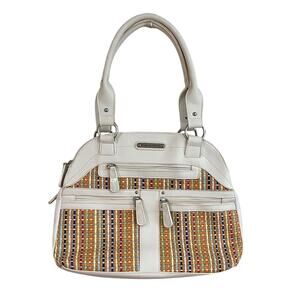 Stone Mountain Multicolor Straw Satchel Bag White Faux Leather Trim